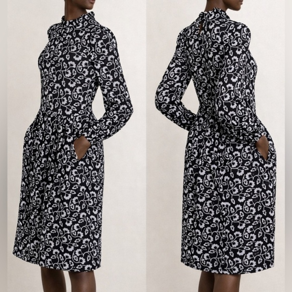 Boden Clara Floral Jersey Black White Ruffle Neck Dress